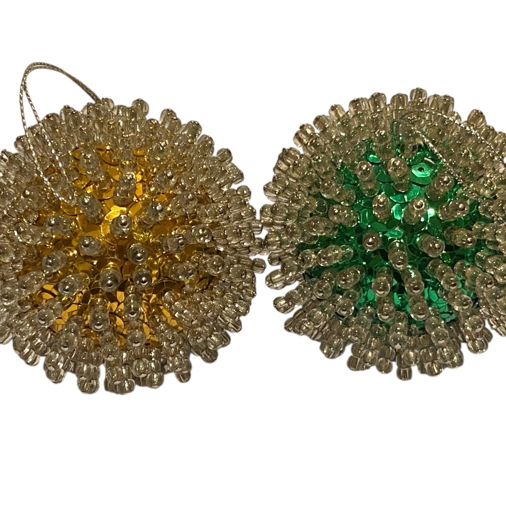 Vintage Gold and Green Beaded Sequined Push Pin Ornaments